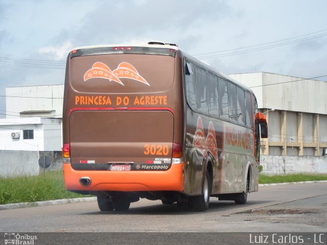 Auto Viação Princesa do Agreste 3020 na cidade de Recife, Pernambuco, Brasil, por Luiz Carlos de Santana. Número da foto: #1901538.
